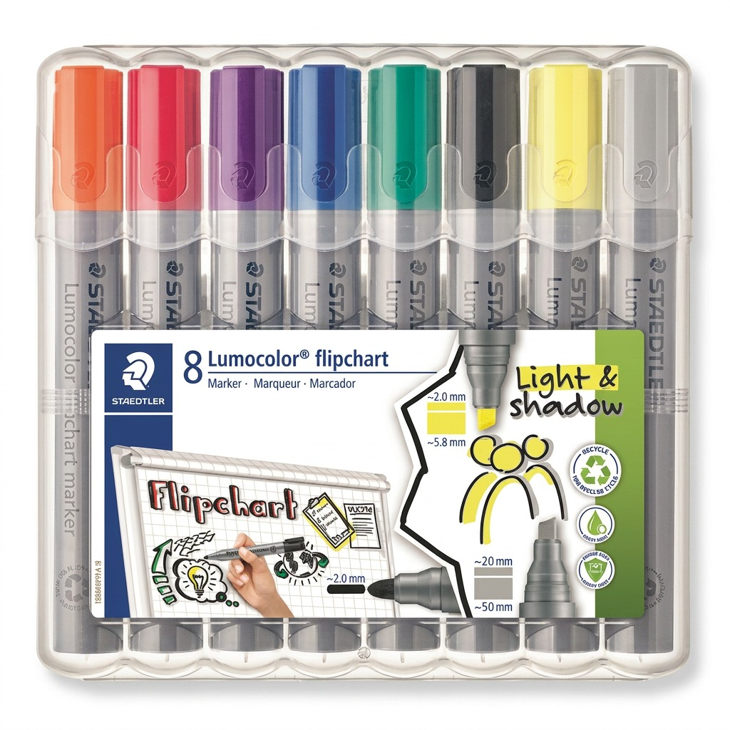STAEDTLER Lumocolor Flipchart Marker 8Pcs Box (356-SWP8-10): sharp hero shot on pure white backdrop.
