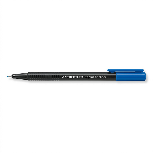 High-resolution, centered view of the STAEDTLER Fineliner triplus 0.3mm cyan (MPN: 334-37-A7) with its blue cap and black textured barrel.
