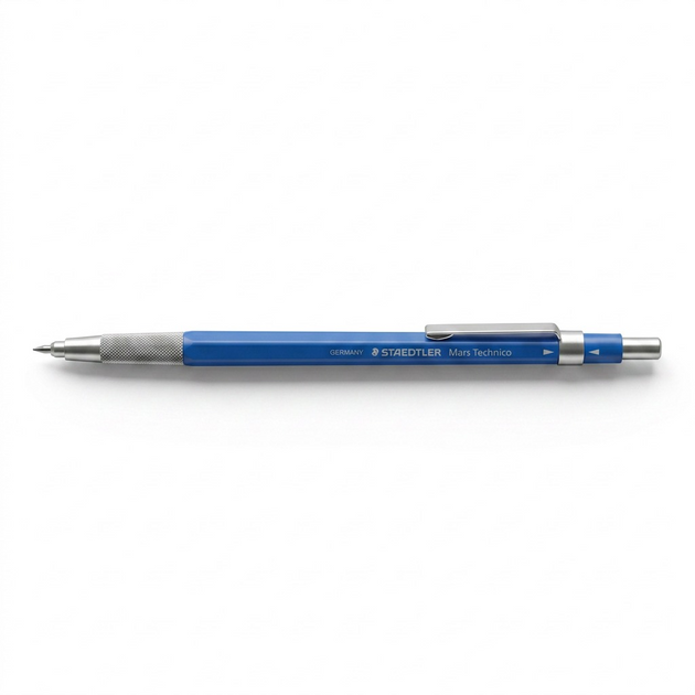 STAEDTLER Mars Technico 2mm clutch pencil with blue body, metal grip, and clip on white background.
