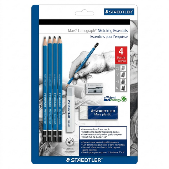 Pure hero shot of the canonical STAEDTLER Mars Lumograph Sketching Essentials set: four pencils, sharpener, and eraser.