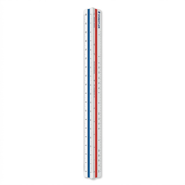 A clean, high-resolution product shot of the STAEDTLER triangular scale rule, isolated on a pure white background.