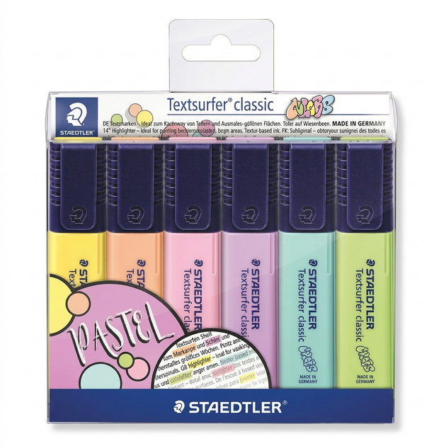 A high-resolution, centered flat lay of a STAEDTLER Textsurfer classic Pastel 6-piece highlighter wallet set.