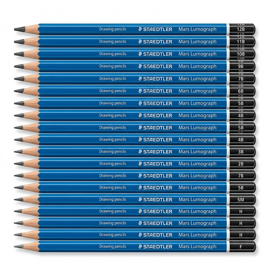 A high-resolution ecommerce hero shot of the 24 specific STAEDTLER Mars Lumograph pencils, pre-sharpened and fanned out.