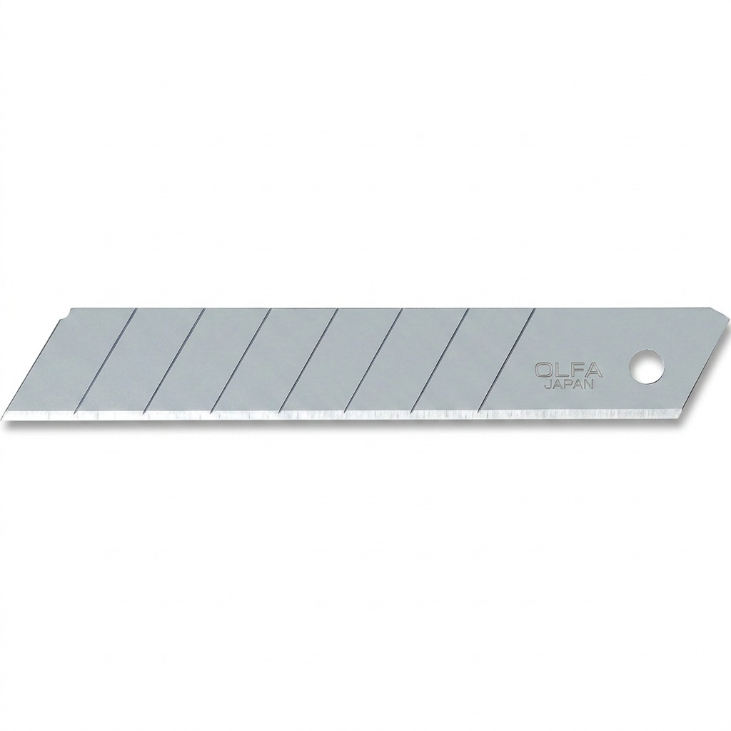 A precise, high-definition close-up photograph of one OLFA 18mm snap blade, showing all segments, the circular hole, and the 'OLFA JAPAN' etching on a white background.