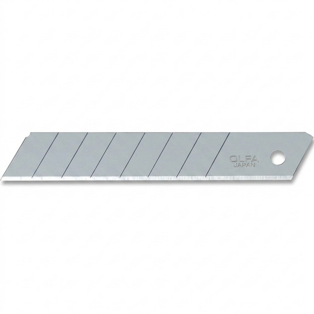 A precise, high-definition close-up photograph of one OLFA 18mm snap blade, showing all segments, the circular hole, and the 'OLFA JAPAN' etching on a white background.