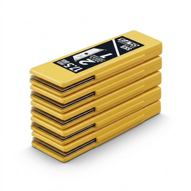 A stack of five OLFA SKB-2/5B safety blade holders, showing the yellow casing and 17.5mm markings.