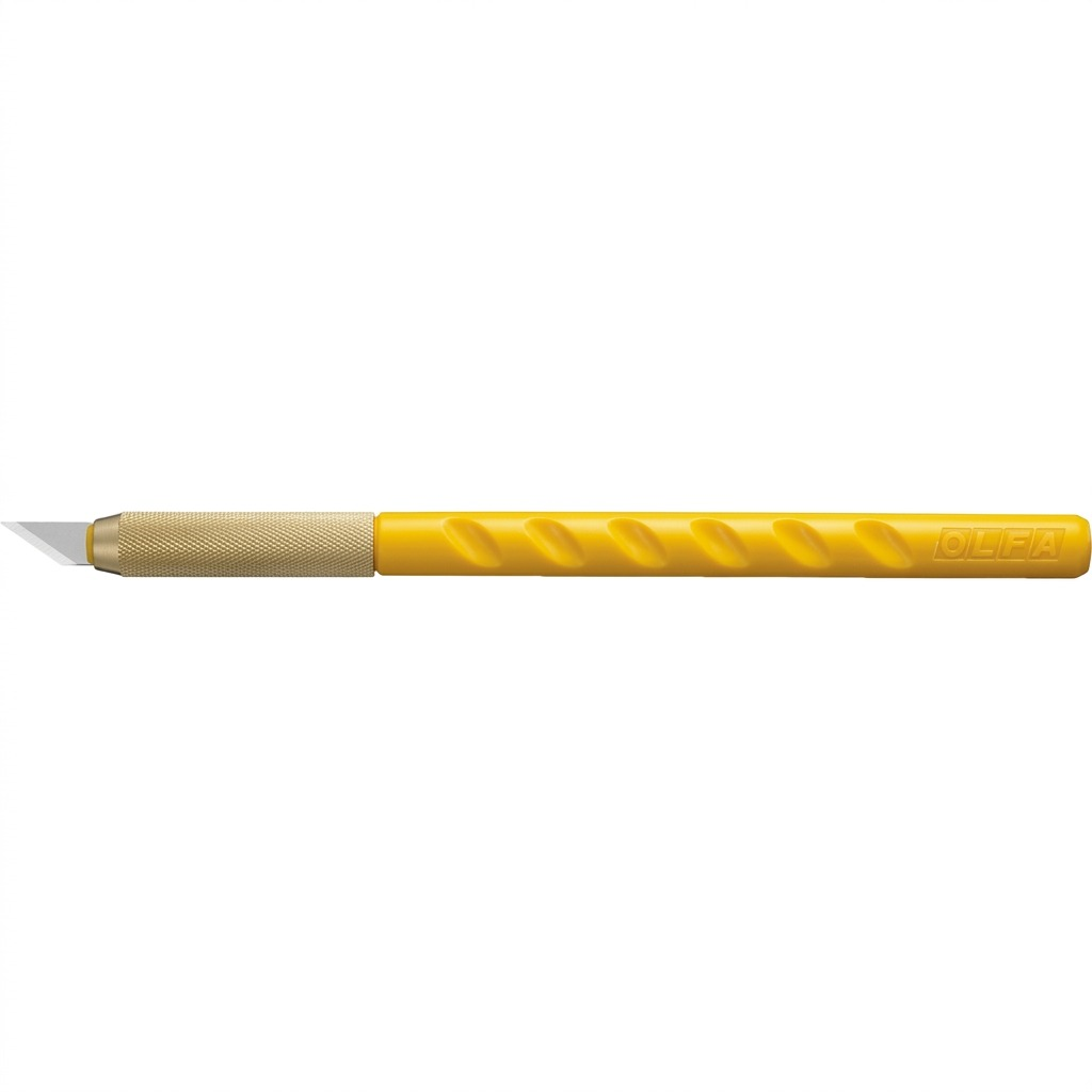 A high-resolution, centered view of the single yellow Olfa AK-1 art knife on white.
