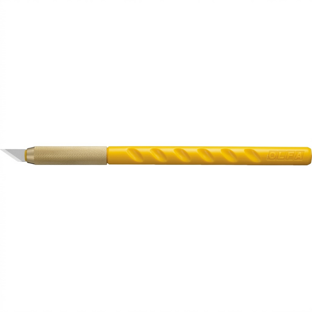 A high-resolution, centered view of the single yellow Olfa AK-1 art knife on white.