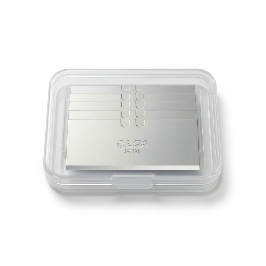 High-resolution hero shot of Olfa GSB-2S/6B stainless steel glass scraper blades in a clear case.