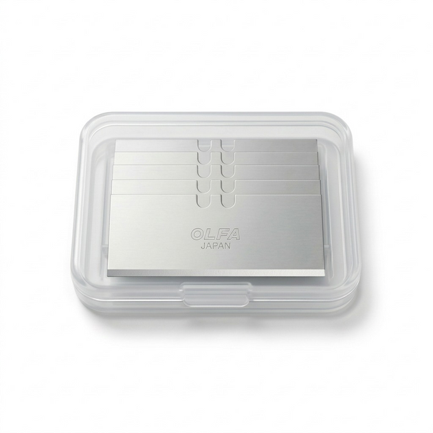 High-resolution hero shot of Olfa GSB-2S/6B stainless steel glass scraper blades in a clear case.