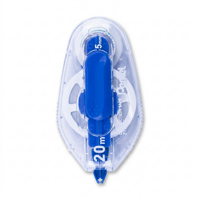 Pentel retractable correction tape, 5mm x 20M, featuring a clear casing and blue internal roller.