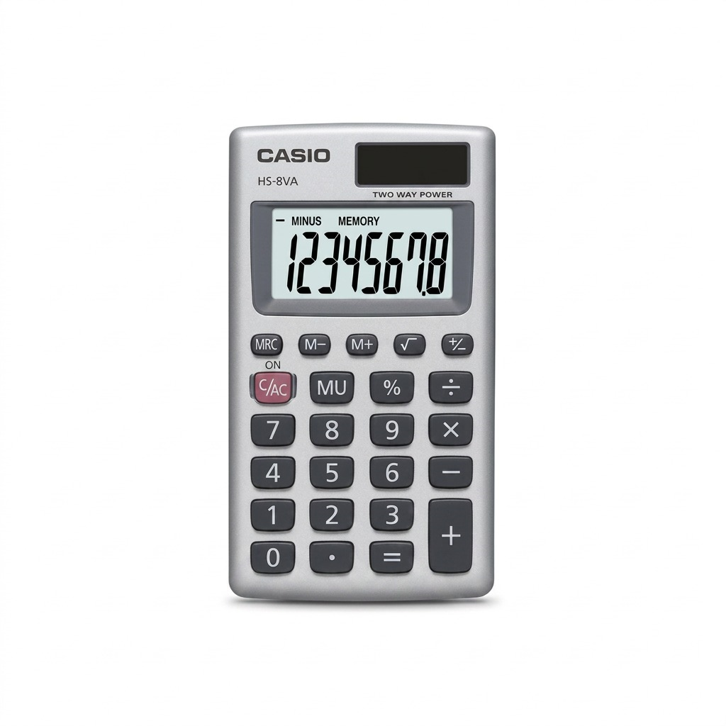 Casio HS-8VA solar-powered compact calculator with metal faceplate and 8-digit LCD display.