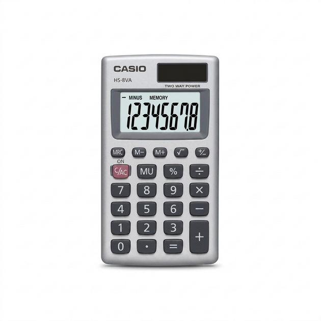 Casio HS-8VA solar-powered compact calculator with metal faceplate and 8-digit LCD display.