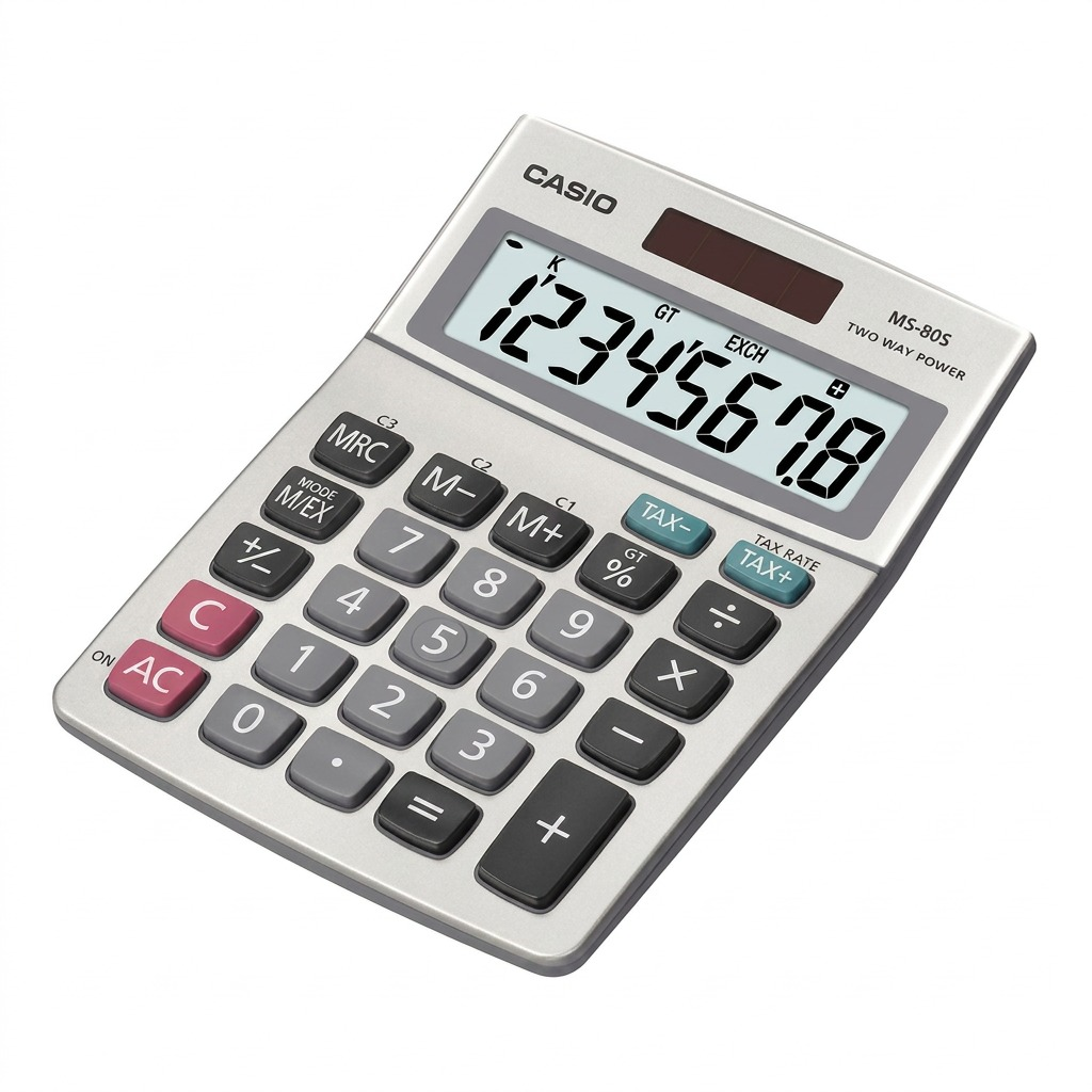 Casio MS-80S 8-digit silver desk calculator with tax keys, solar panel, and large LCD screen.