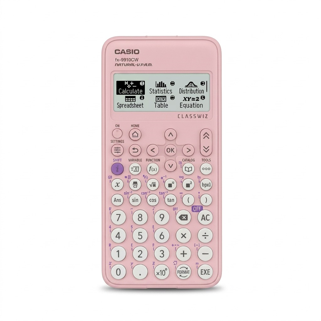 Front view of a pink Casio FX-9910CW ClassWiz scientific calculator on a white background.