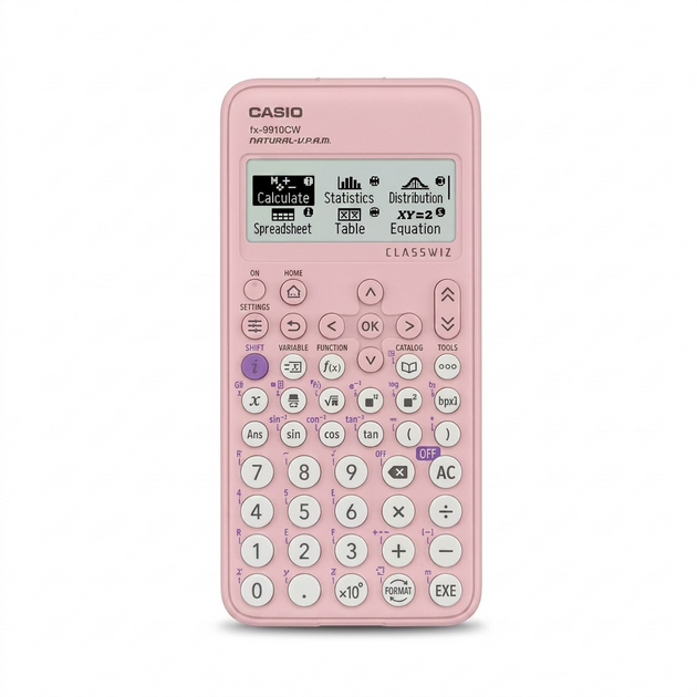 Front view of a pink Casio FX-9910CW ClassWiz scientific calculator on a white background.