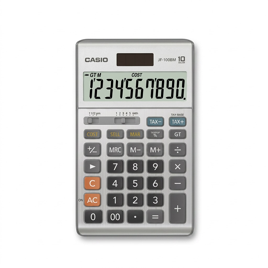 Casio JF-100MS desktop calculator with 10-digit LCD, solar power, and Cost/Sell/Margin keys.
