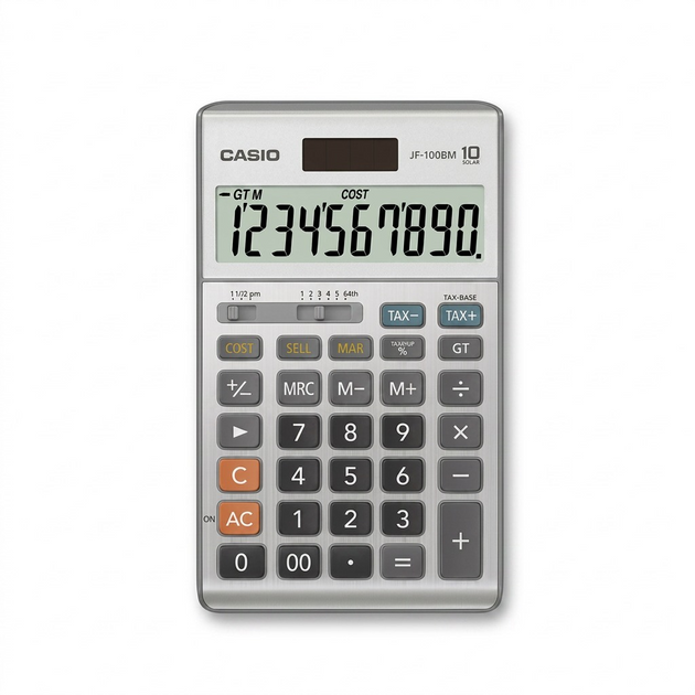 Casio JF-100MS desktop calculator with 10-digit LCD, solar power, and Cost/Sell/Margin keys.