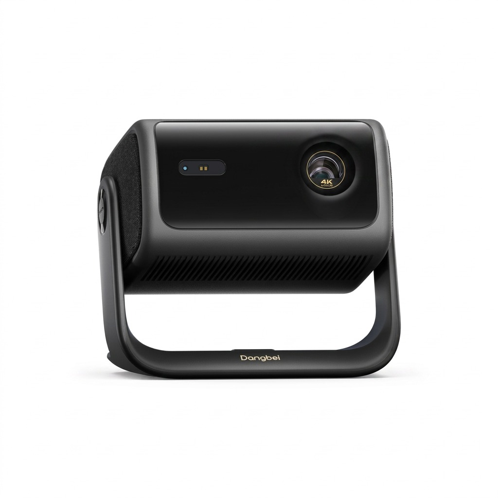A crisp, high-resolution hero image of the Dangbei MP1-Max 4K projector, precisely as depicted in image_0.png, showcasing its lens, sensor, vented body, side speakers, and swivel stand against a clean white background. Centered composition with sharp focus and clean shadows. The stand clearly displays the 'Dangbei' logo without additional text overlay. The 4K lens detail is well-lit but not exaggerated. Precise representation for an ecommerce product page.