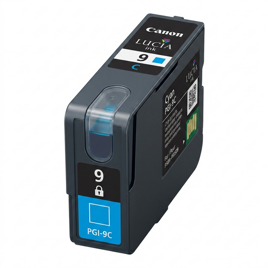 A high-resolution, centered view of the Canon LUCIA Cyan 9 Ink Tank showing branding, number 9, and chip.