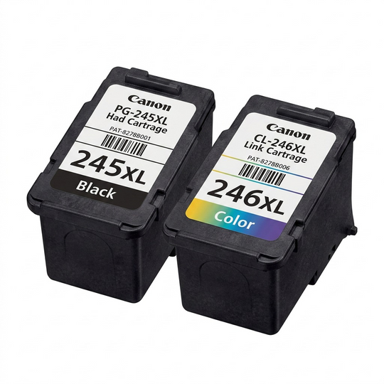 Pure, high-resolution hero shot of two Canon PG-245XL and CL-246XL ink cartridges on white.