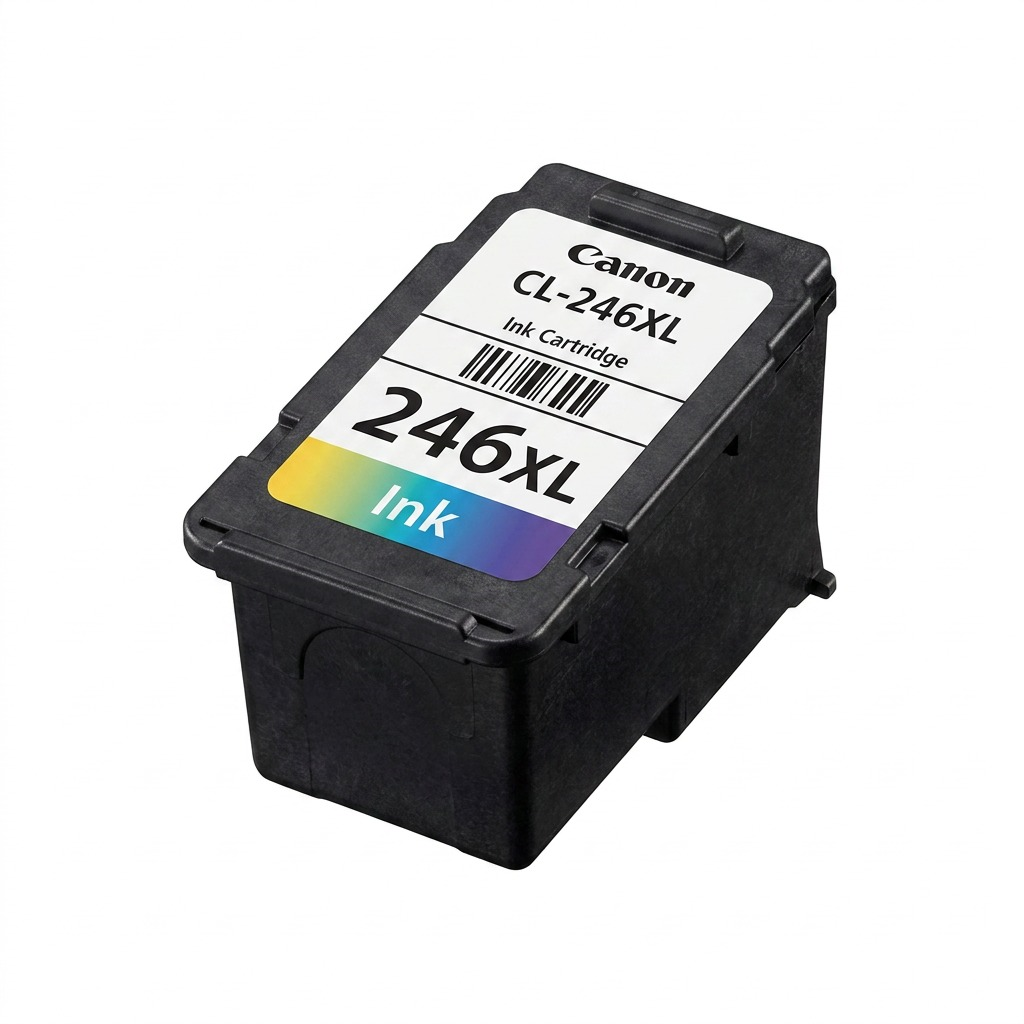 A high-resolution, centered photograph of a realistic Canon CL-246XL color ink cartridge on a pure white background.