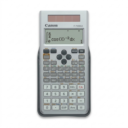 Canon F-792SGA scientific calculator in grey with 4-line display, solar panel, and hard case.