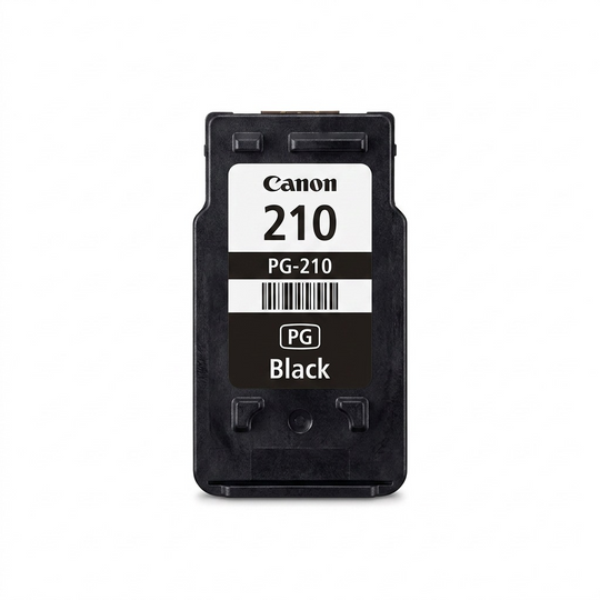 High-resolution 3D render of a single Canon PG-210 Black ink cartridge, as seen from the packaging.