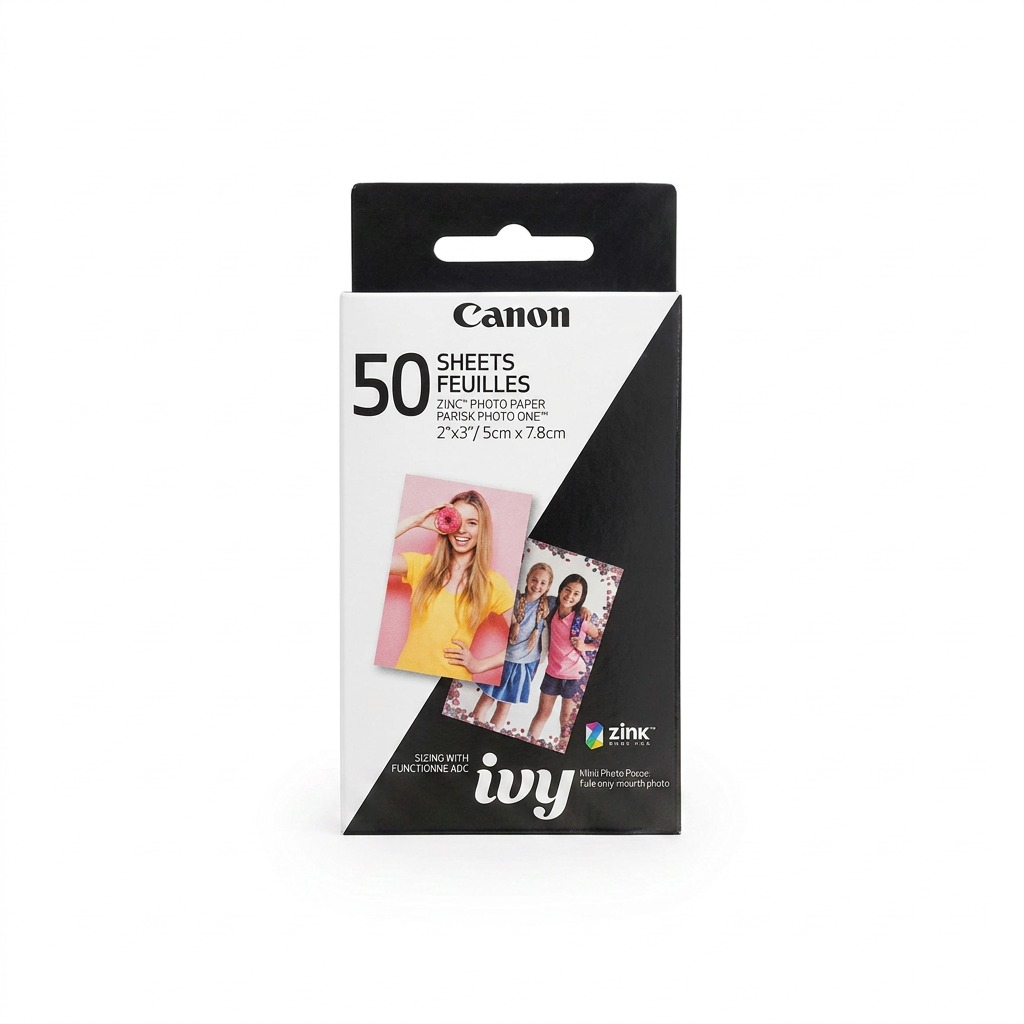Canon ZINK Photo Paper (50 sheets) box, pure white hero shot.