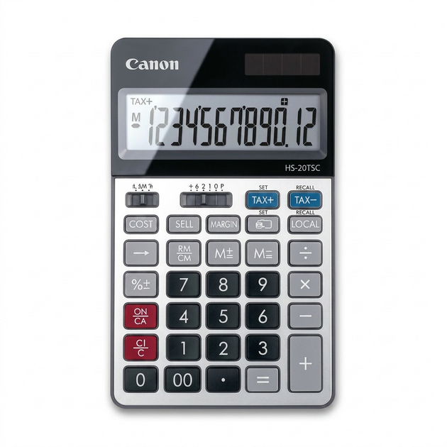 Canon HS-20TSC desktop calculator with 12-digit display, silver finish, and solar/battery power.