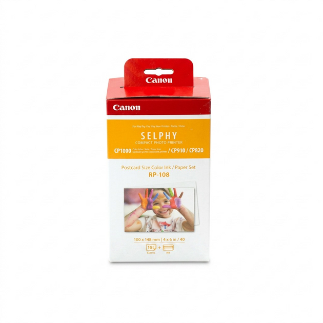 Ultra-pure high-resolution studio hero photograph of Canon Selphy RP-108 Ink & Paper Set.