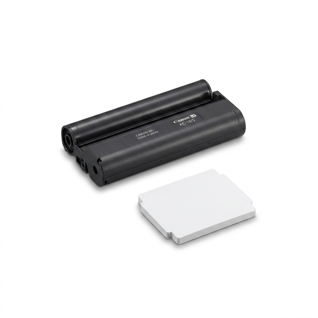 Canon KC-18IS Square Label set with ink cassette and sheets on white background.