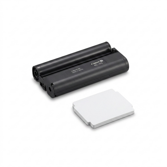 Canon KC-18IS Square Label set with ink cassette and sheets on white background.