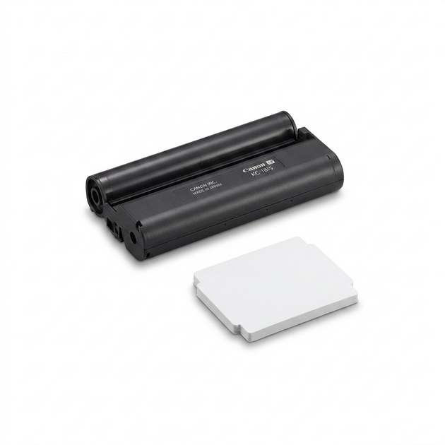 Canon KC-18IS Square Label set with ink cassette and sheets on white background.