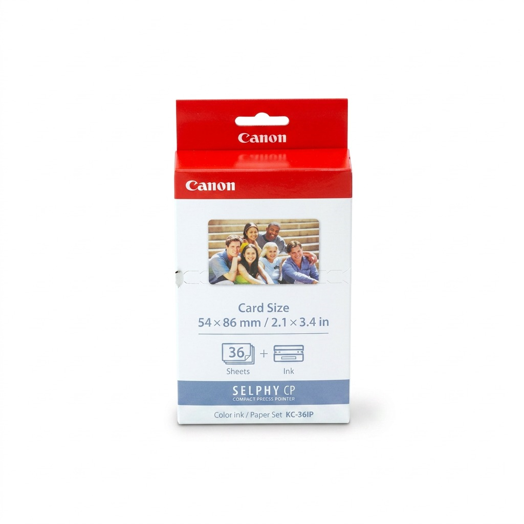 A high-resolution, centered view of the Canon SELPHY KC-36IP Color Ink & Paper Set box against a pure white background with a subtle shadow.