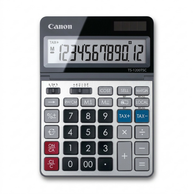 Canon TS-1200TSC desk calculator with 12-digit display, silver and black, solar and battery powered.