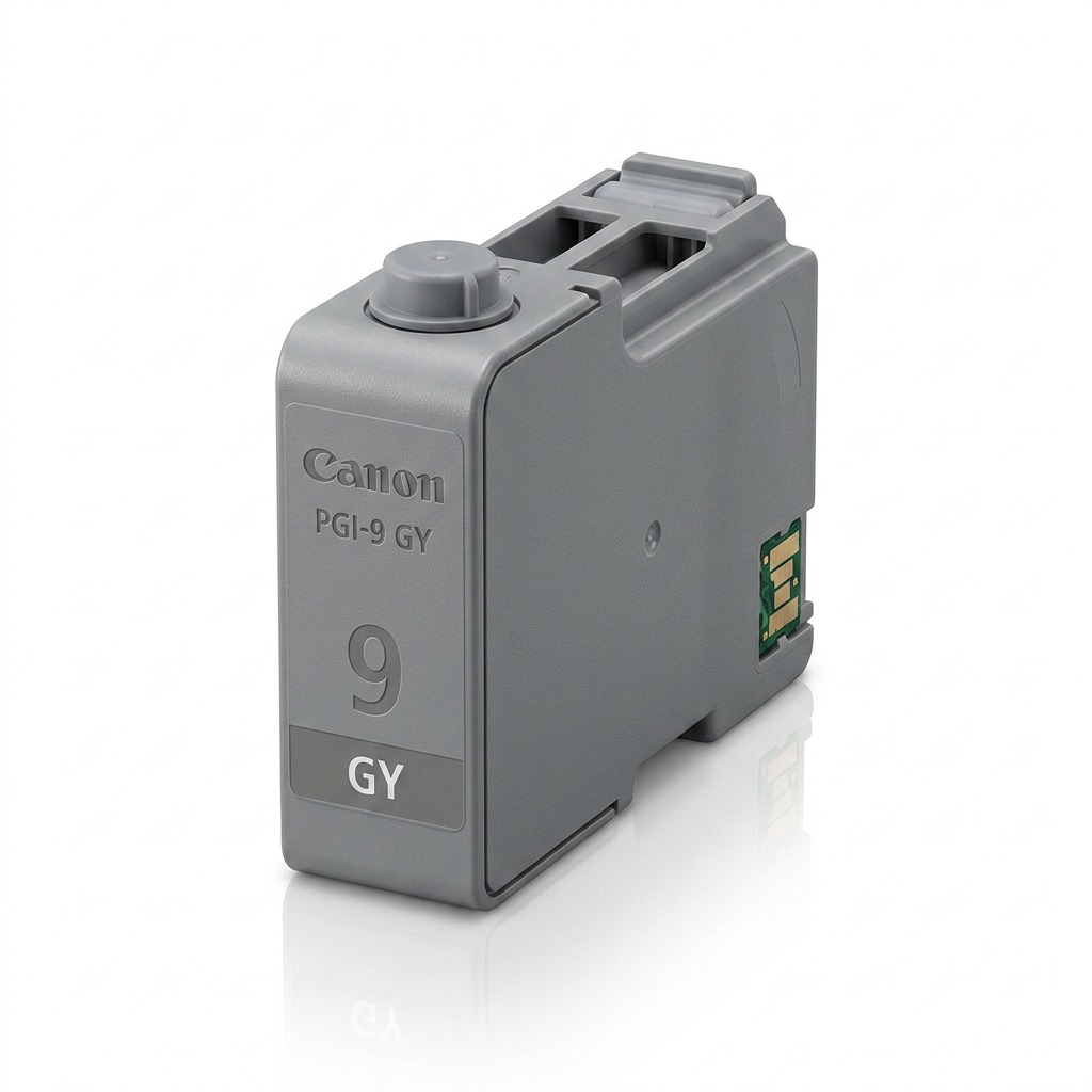 A high-resolution product shot of the Canon PGI-9 Gray ink tank against a clean white background.