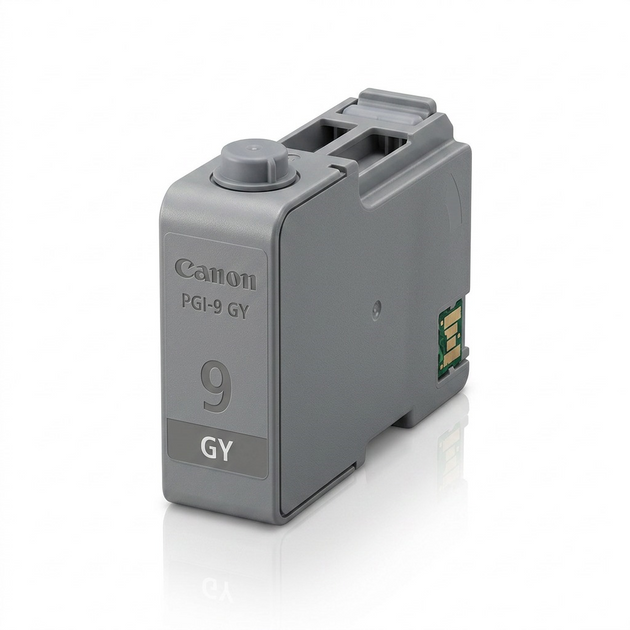 A high-resolution product shot of the Canon PGI-9 Gray ink tank against a clean white background.