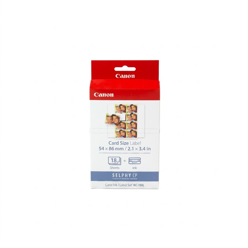 Pure high-resolution hero shot of 'Canon Ink & Label Set KC-18IL (Card Size)' (MPN: 7740A001, UPC: 013803013030) - Pure white background.