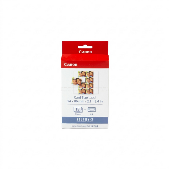Pure high-resolution hero shot of 'Canon Ink & Label Set KC-18IL (Card Size)' (MPN: 7740A001, UPC: 013803013030) - Pure white background.