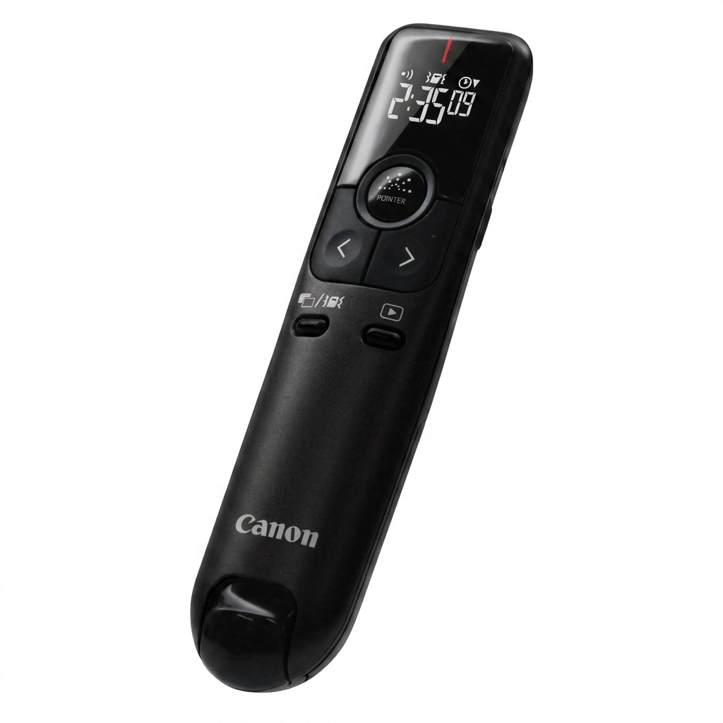 A high-resolution, centered view of the black Canon PR100-R presenter remote on a pure white background.