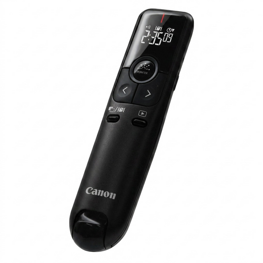 A high-resolution, centered view of the black Canon PR100-R presenter remote on a pure white background.