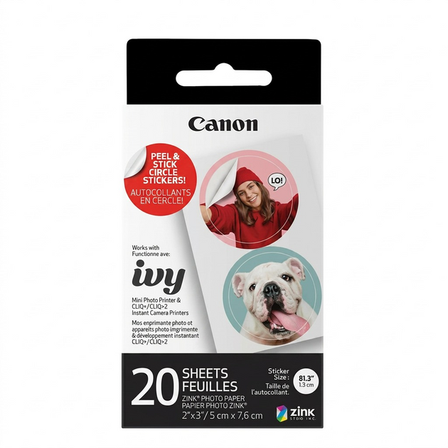 A high-resolution image of the Canon ZINK pre-cut circle sticker pack on a white background.