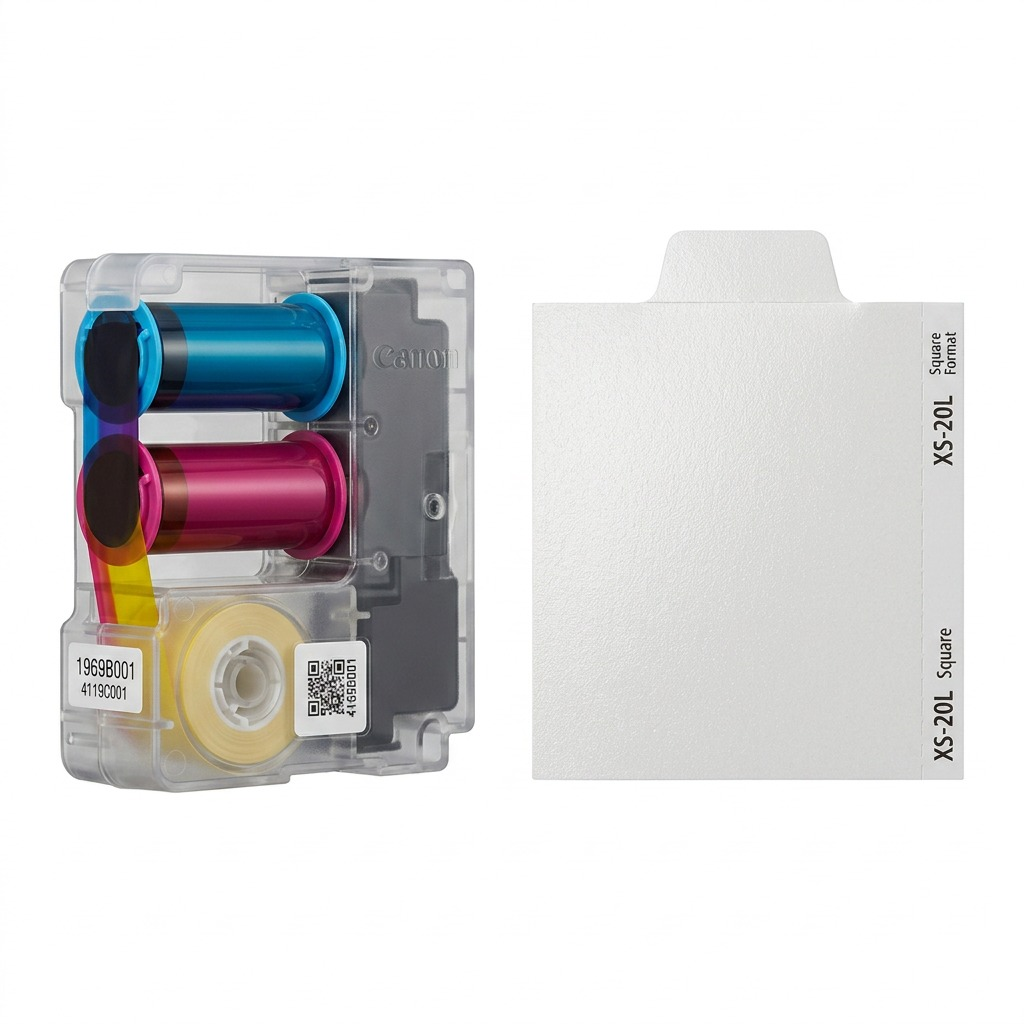 High-resolution Canon SELPHY Color Ink/Label XS-20L set: ink ribbon and label-backed papers, isolated.