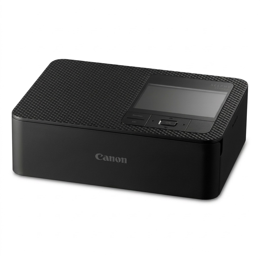 Hero shot of the black Canon SELPHY CP1500 compact photo printer, sharp, centered, on white background.
