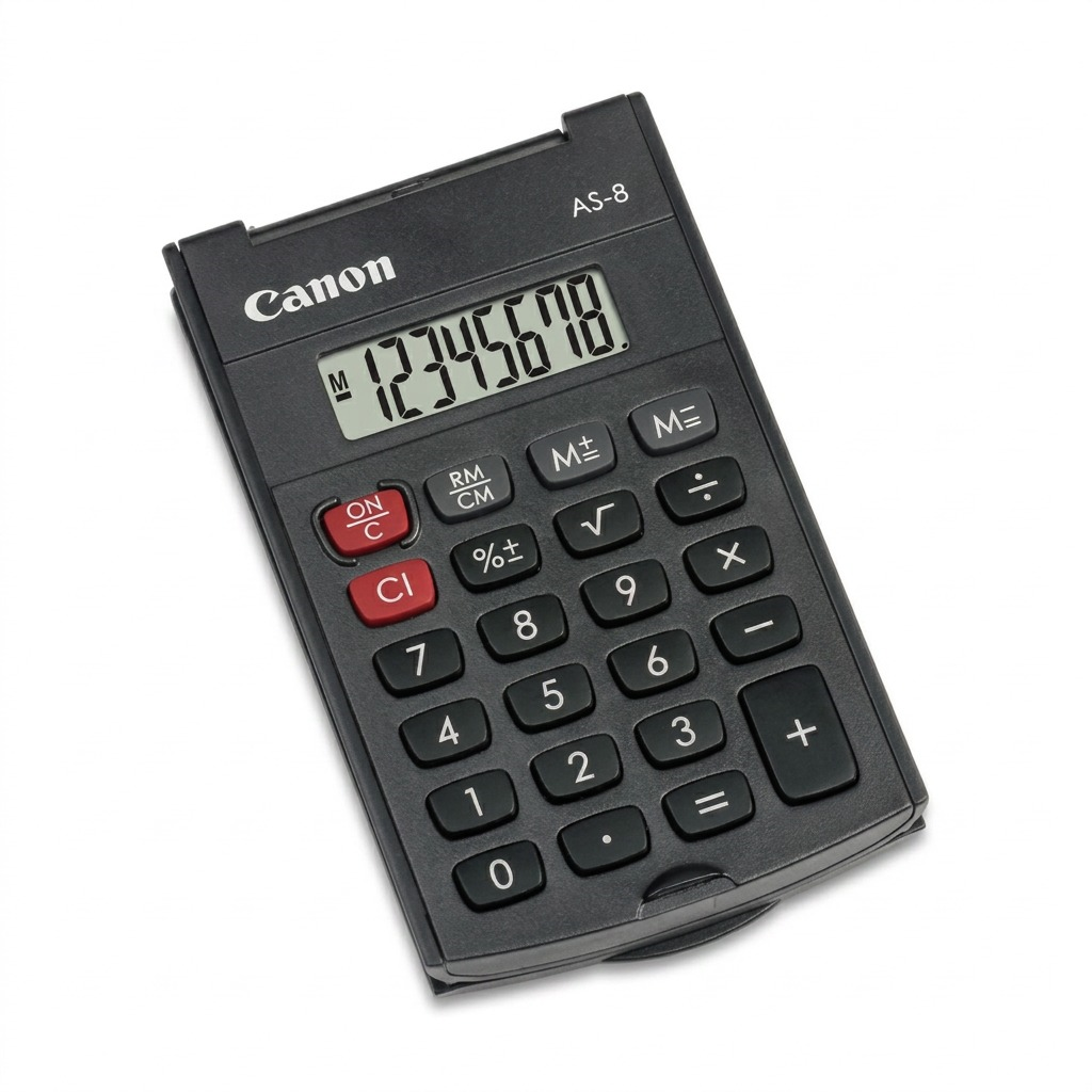Canon AS-8 handheld 8-digit black calculator with clear LCD display and compact arc design.