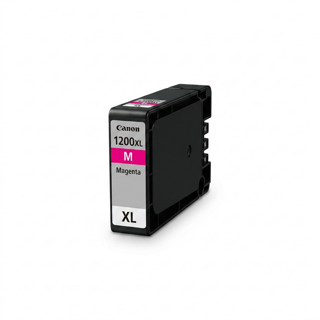 High-resolution hero shot of magenta Canon PGI-1200XL ink tank against a pure white background.