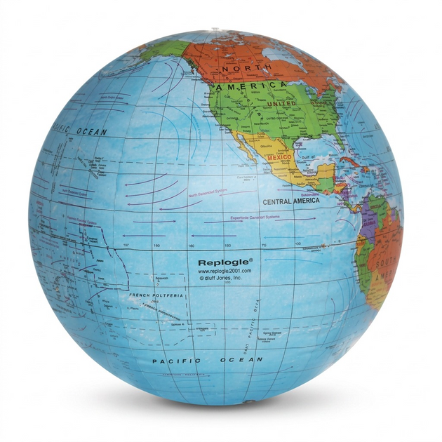A clean front-view photograph of the inflammable globe, showing details of North and South America.