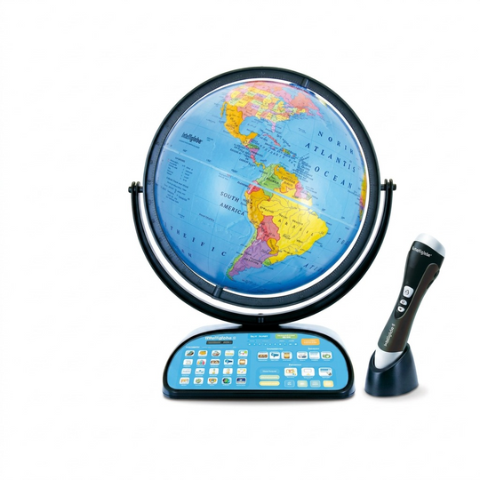 Replogle Intelliglobe interactive earth globe, base, and intelligent pen on white.