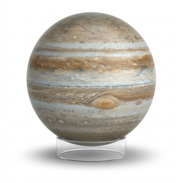 A high-resolution, centered view of the detailed 6-inch Replogle Jupiter globe on its clear acrylic stand.